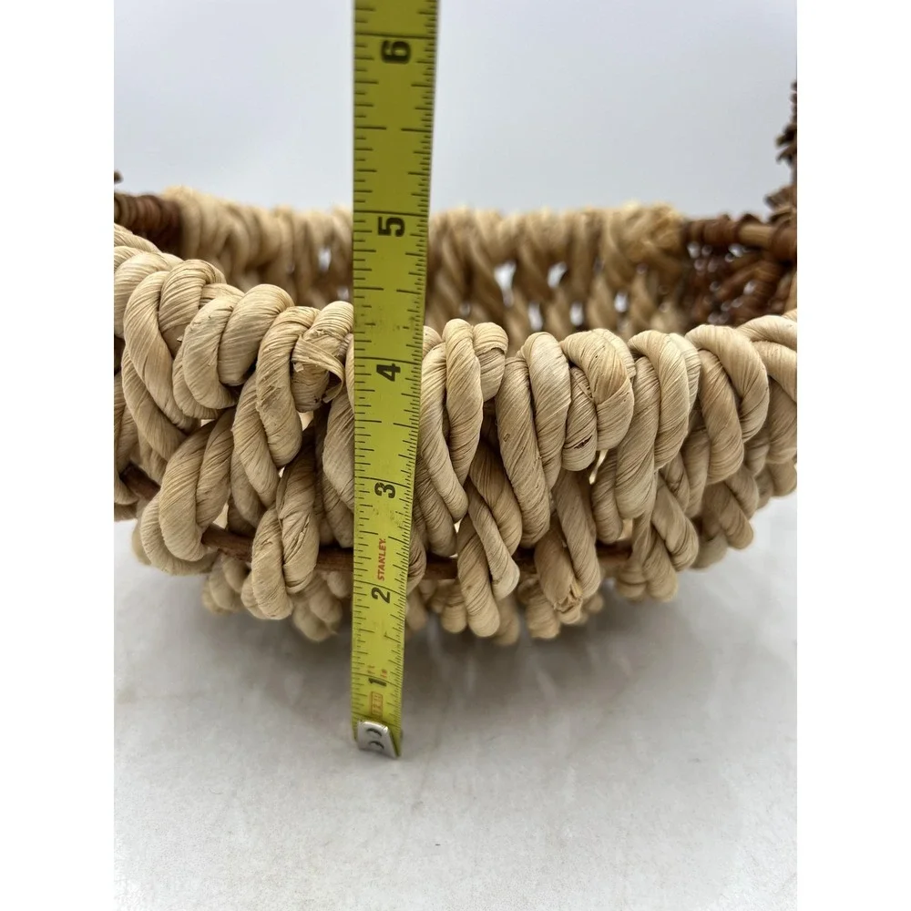 Rustic Woven Wicker and Rope Basket with Handle Natural Fiber Farmhouse Decor
